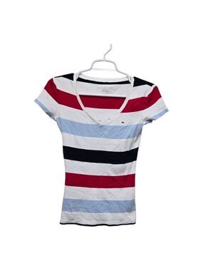 Tommy Hilfiger Striped V Neck Tee XS Red White Blue Preppy